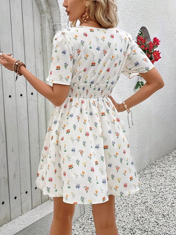 Abito da Donna Elegante con Scollo a V Manica Corta a Fiori Mini Ruched Vita Alta Linea A Estate Boho Spiaggia Vacanza Mini Abito