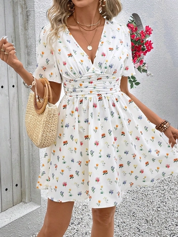 Abito da Donna Elegante con Scollo a V Manica Corta a Fiori Mini Ruched Vita Alta Linea A Estate Boho Spiaggia Vacanza Mini Abito