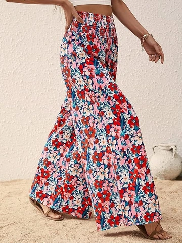 Dames Hoge Taille Gezmockt Bloemenprint Broek met Wijde Pijpen Casual Boho Strandbroek Zomer Losse Palazzo Broek