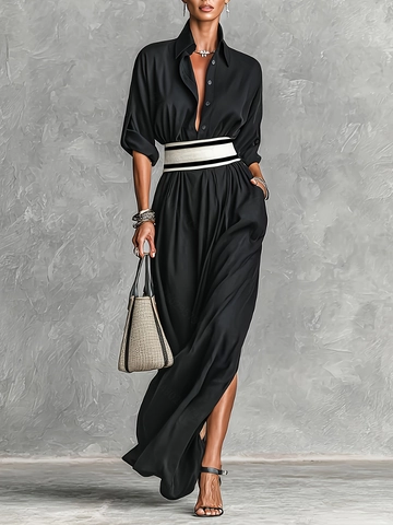 Abito Maxi Monopetto Vintage Francese Con Cintura a Righe Spacco Alto Manica Lunga Elegante Vestito Da Festa Tinta Unita Donna