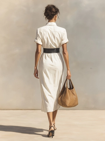 Vrouwen Elegant Effen Kleur Geplooid Taille Overhemdjurk Korte Mouw Knoopsluiting Kantoor Professionele Maxi Jurk Zonder Riem