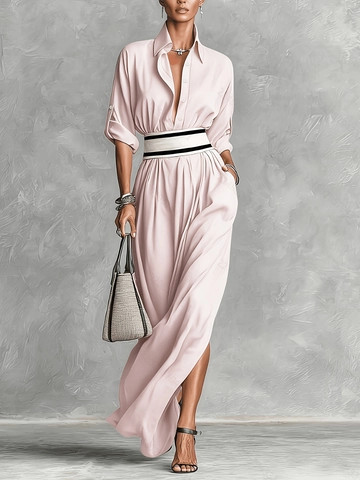 Abito Maxi Monopetto Vintage Francese Con Cintura a Righe Spacco Alto Manica Lunga Elegante Vestito Da Festa Tinta Unita Donna