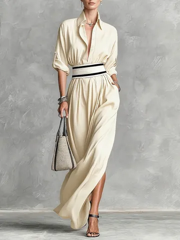 Französischer Vintage Revers Einreihiges Maxi Kleid Mit Gestreiftem Gürtel Hoher Schlitz Langarm Elegantes Abendkleid Für Damen