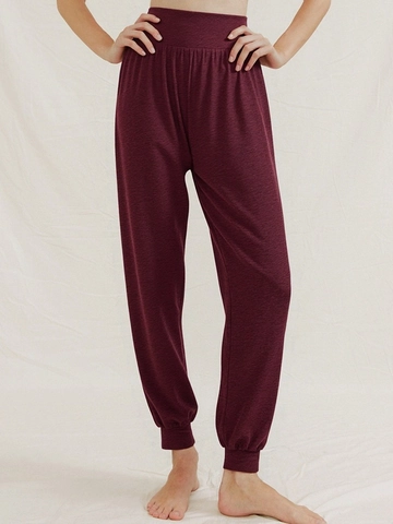 Pantalones de Yoga de Cintura Alta para Mujer Control de Abdomen Joggers con Puño Rojo Vino Color Sólido Suave Pilates Fitness Ocio Deporte Largo