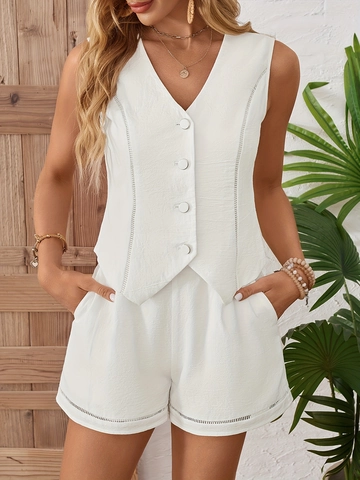 Damen Casual Baumwolle V-Ausschnitt Ärmellos Weste Und Shorts Outfit Französischer Urlaub Stil Aushöhlen Knopf Sommer Bekleidung