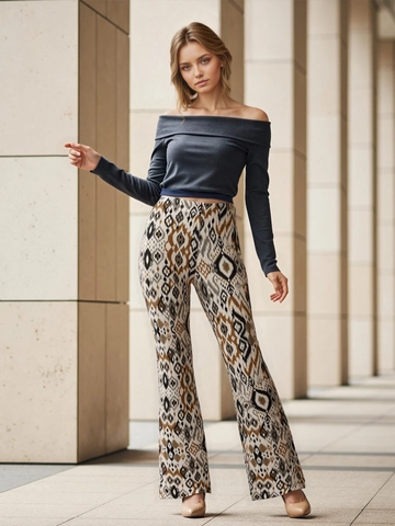 Pantalones Campana Estampado Azteca Mujer Cintura Alta Slim Fit Boho Geométrico Abertura Bajo Pantalones Punto Estilo Étnico