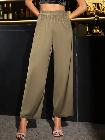 Dames Elegante Glanzende Satijn Wijd Uitlopende Broek Hoge Taille Elastische Band Rechte Broek Voor Feest En Mode