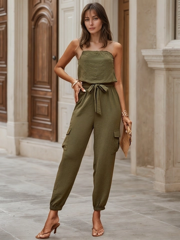 Damen Trägerloser Bandeau Cargo Jumpsuit Mit Taschen Schnürung Taille Armeegrün Crinkle Textur Casual Einteiler Lange Hose