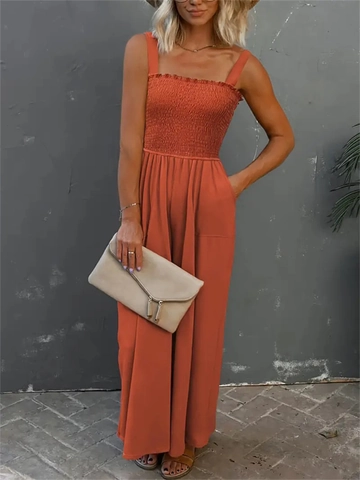 Tuta Intera Senza Maniche Smock Gamba Larga Spalline Sottili Senza Schienale Casual Pantaloni Lunghi Romper Con Tasche Estiva