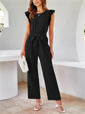 Women's Elegant Black Sleeveless Jumpsuit Ruffle Fly Sleeve Tie Waist Straight Wide Leg Long Pant Jumpsuit For Office Casual Daily