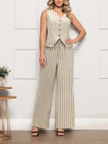 Conjunto Top Y Bottom Elegante De Viscosa Y Lino A Rayas Chaleco Y Pantalones De Pierna Ancha Estilo Old Money Sin Mangas Cuello V