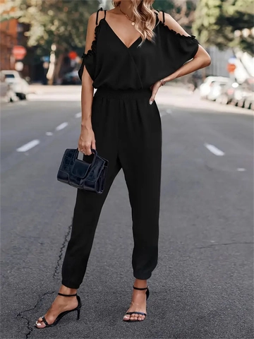 Women Elegant Cold Shoulder V Neck Jumpsuit Solid Color Smocked Waist Ruffle Sleeve Long Romper Tapered Pants