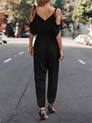 Women Elegant Cold Shoulder V Neck Jumpsuit Solid Color Smocked Waist Ruffle Sleeve Long Romper Tapered Pants