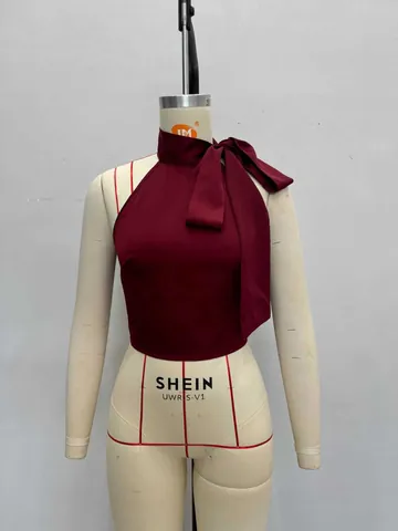 Haut Sans Manches Élégant en Satin pour Femmes Avec Grand Noeud Licou Couleur Unie Bordeaux Blouse Été Chic
