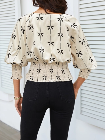 Chemisier Femme Élégant Taille Smokée Imprimé Nœud Manches Lanterne Col Rond Vintage Pull-over pour Printemps Été