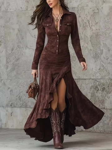 Französisches Retro Braun Wildlederimitat Kleid Für Damen Unregelmäßiger Rüschensaum Revers Langarm A-Linie Maxi Hemdkleid
