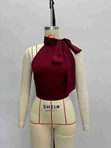 Women's Elegant Halter Satin Sleeveless Top With Large Bow Detail Solid Color Burgundy Commuter Blouse For Summer