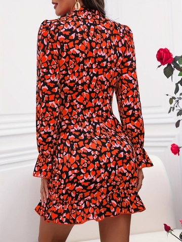 Vestito Mini da Donna Elegante con Stampa a Cuore Manica Lunga Arricciato Bodycon Orlo a Volants Colletto in Piedi Rayon