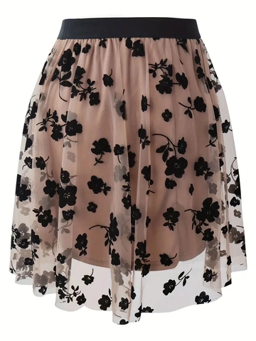 Women High Waist Mesh A-Line Skirt Elegant Floral Flocking Double Layer Tutu Short Mini Skirt For Party Daily Wear
