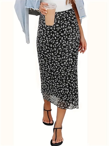 Women Floral Mesh Midi Skirt High Waist Lettuce Edge Elastic Hip-Hugging Elegant Casual A-Line Printed Skirt For Lady