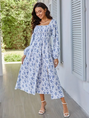 Romantic Elegant Women Square Neck Smocking Long Sleeve Floral Maxi Dress High Slit Lightweight Polyester Party Dress