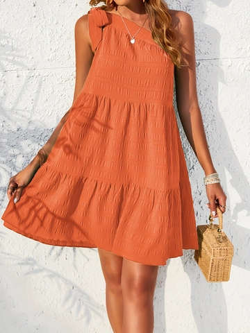 Robe Mini à Étages Une Épaule Femmes Vacances Été Sans Manches Jacquard Nœud Smockée Robe Soleil Vert Bleu Orange