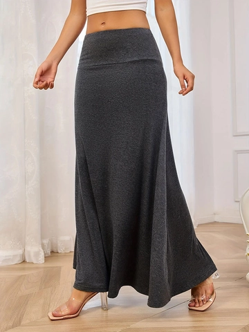 Women High Waisted Knit Maxi Skirt Solid Color A-Line Swing Long Skirt Casual Stretchy Commuter Skirt For Daily Wear