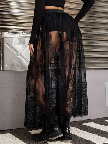 Women Gothic Lace See-Through Mesh Maxi Skirt Sexy A-Line Floral Embroidery Long Skirt Streetwear Summer Beach Party Bottoms