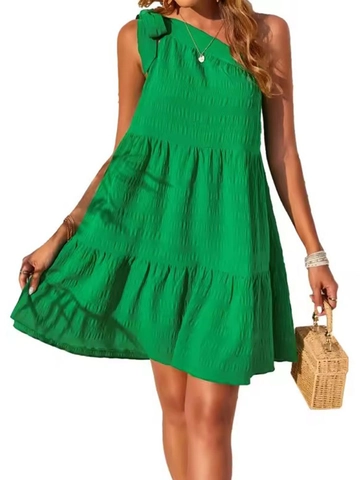 Robe Mini à Étages Une Épaule Femmes Vacances Été Sans Manches Jacquard Nœud Smockée Robe Soleil Vert Bleu Orange