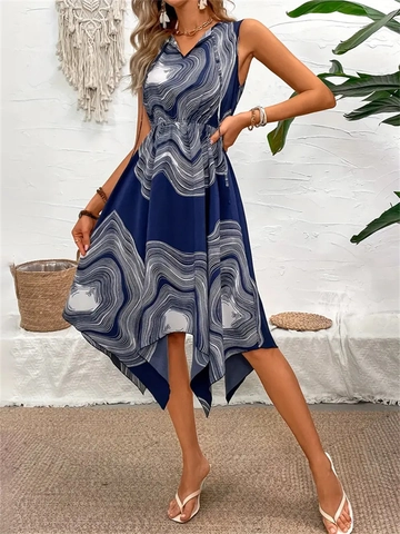 Vestito Midi da Donna Senza Maniche Blu Marino Stampa Irregolare Boho Scollo A V Vacanze Estive Vita Alta Linea A