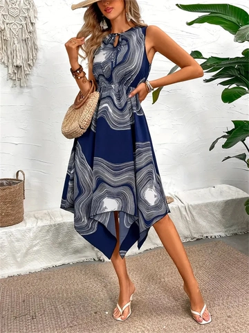Vestito Midi da Donna Senza Maniche Blu Marino Stampa Irregolare Boho Scollo A V Vacanze Estive Vita Alta Linea A