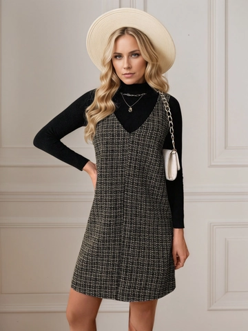 Vestido Midi para Mujer Elegante de Tweed con Escote en V Sin Mangas de Pata de Gallo Vestido de Chaleco Sin Mangas Vintage para Primavera Otoño