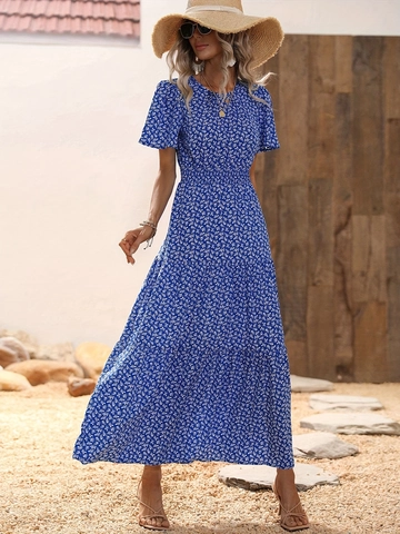 Abito Lungo a Fiori da Donna Manica Corta a Foglia di Loto a Balze Punto Smock Vita Alta Vacanza Elegante Estivo Pullover