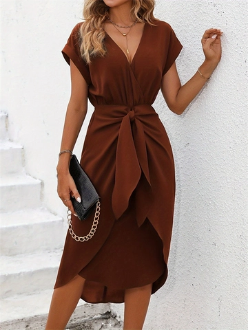 Damen Elegant V-Ausschnitt Kurzarm Kleid Einfarbig Unregelmäßiger Saum Schnürung Sommer Casual Pendeln Mini Wickelkleid