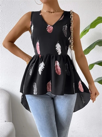 Damen Ärmelloses V-Ausschnitt Feder Druck Schößchen Top Unregelmäßig Vorne Kurz Hinten Lang Polyester Top Elegant Sommer Bluse