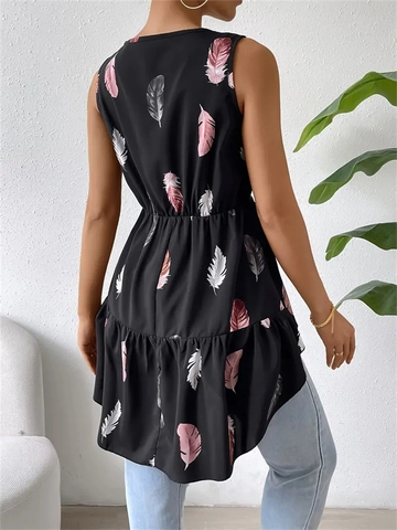 Damen Ärmelloses V-Ausschnitt Feder Druck Schößchen Top Unregelmäßig Vorne Kurz Hinten Lang Polyester Top Elegant Sommer Bluse