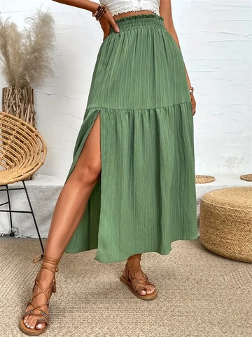 Women's Bohemian High Waisted Maxi Skirt Ruffle Tiered Side Slit Long Skirt Textured Casual Vacation Beach Skirt Polyester
