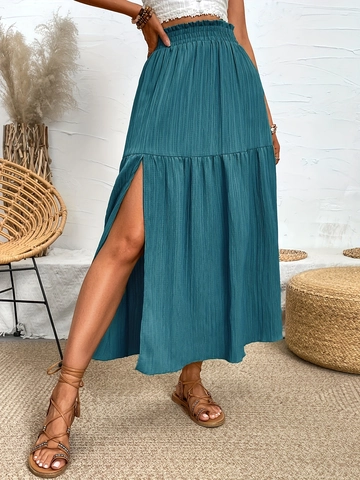 Women's Bohemian High Waisted Maxi Skirt Ruffle Tiered Side Slit Long Skirt Textured Casual Vacation Beach Skirt Polyester