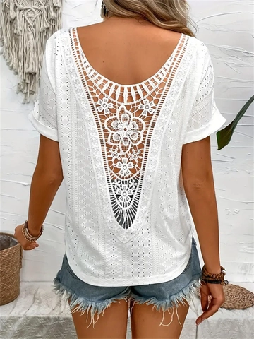 T-Shirt Boho Ajouré Crochet Floral pour Femme Été Dos en V Broderie Manches Courtes Haut Décontracté Plage Vacances