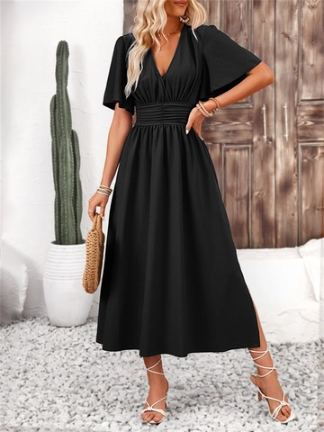 Women's V Neck Flutter Sleeve Maxi Dress 96% Polyester 4% Spandex Ruched Waist Side Slit Solid Color Summer Vacation Party Dress