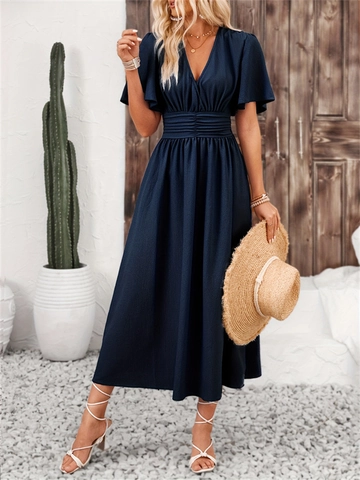 Women's V Neck Flutter Sleeve Maxi Dress 96% Polyester 4% Spandex Ruched Waist Side Slit Solid Color Summer Vacation Party Dress