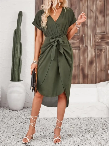 Damen Elegant V-Ausschnitt Kurzarm Kleid Einfarbig Unregelmäßiger Saum Schnürung Sommer Casual Pendeln Mini Wickelkleid