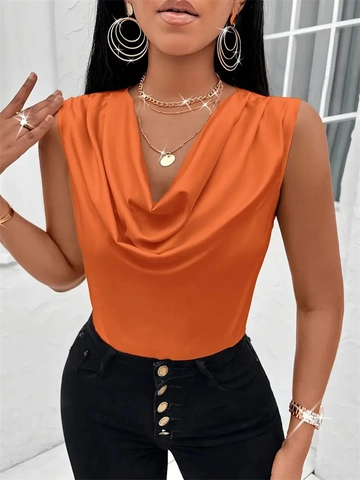Women Sexy Satin Cowl Neck Sleeveless Top Slim Fit Draped Tank Top Solid Color Summer Office Lady Fashion Silky Blouse