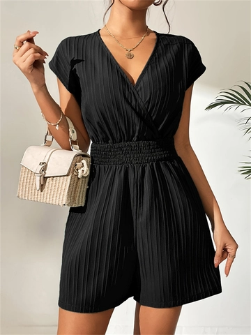 Damen Eleganter Plissee Jumper Casual V Ausschnitt Gesmokte Hohe Taille Overall Mit Schleife Kurzarm Shorts Playsuit