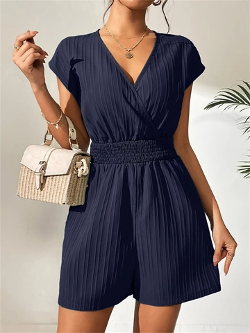 Damen Eleganter Plissee Jumper Casual V Ausschnitt Gesmokte Hohe Taille Overall Mit Schleife Kurzarm Shorts Playsuit