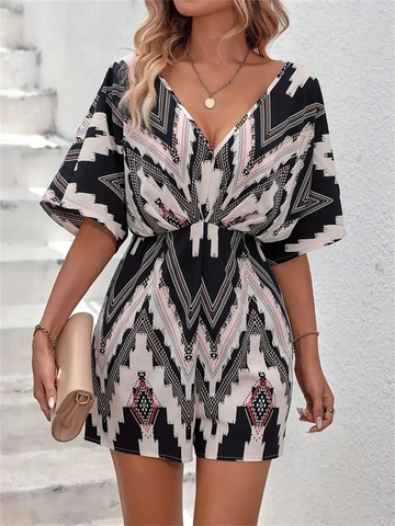Damen Casual V-Ausschnitt Romper Geometrischer Tribal Druck Sommer Strand Kurz Overall Rückenbindung Lose Halbe Ärmel Playsuit