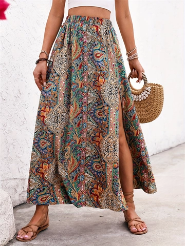 Women Bohemian Paisley Print Maxi Skirt Summer High Waist Side Slit A-Line Ethnic Style Beach Holiday Long Skirt