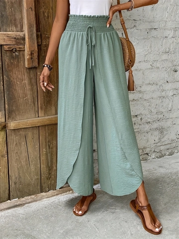 Damen Hose Mit Hoher Taille Weites Bein Gesmokter Elastischer Bund Kordelzug Unregelmäßiger Tulpen Saum Schlitz Freizeithose