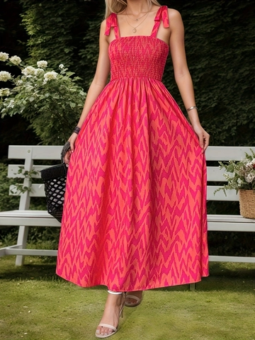 Böhmisches Maxikleid Mit Geometrischem Wellendruck Für Damen Gesmoktes Sommerträgerkleid Mit Schleife A-Linie Strandurlaub