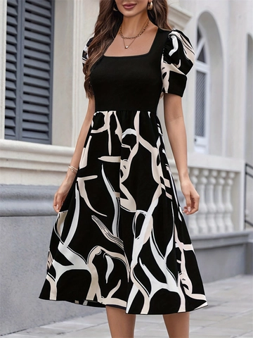 Elegant Women Square Neck Puff Sleeve Midi Dress Abstract Print Splicing High Waist Slim A-Line Knit Dress With Belt